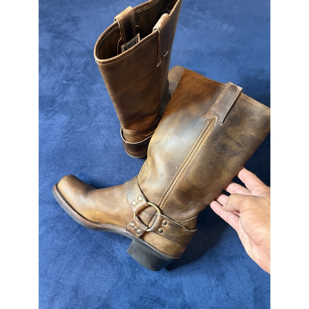 Frye Women’s Harness Oiled Western Boots Sz 7.5M Brown Square Toe Mid Calf Y2K